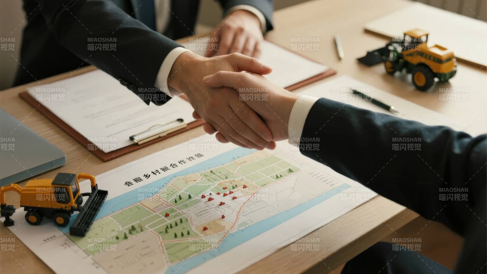 商务人士握手，桌上展示规划图与模型图片