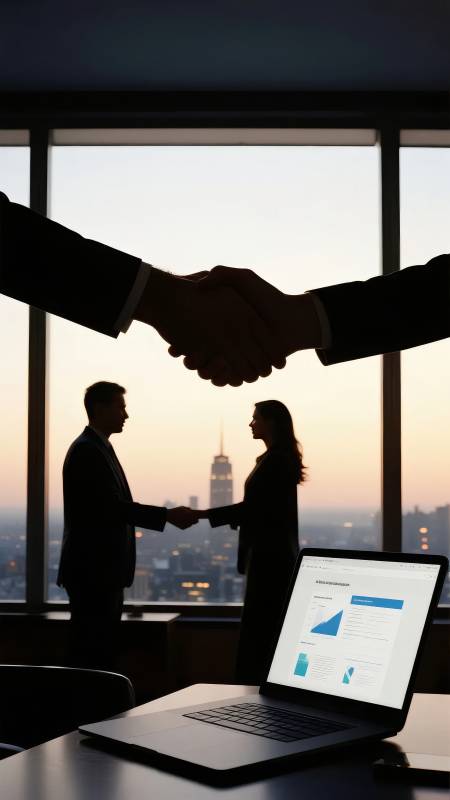 商务人士握手，背景城市剪影图片