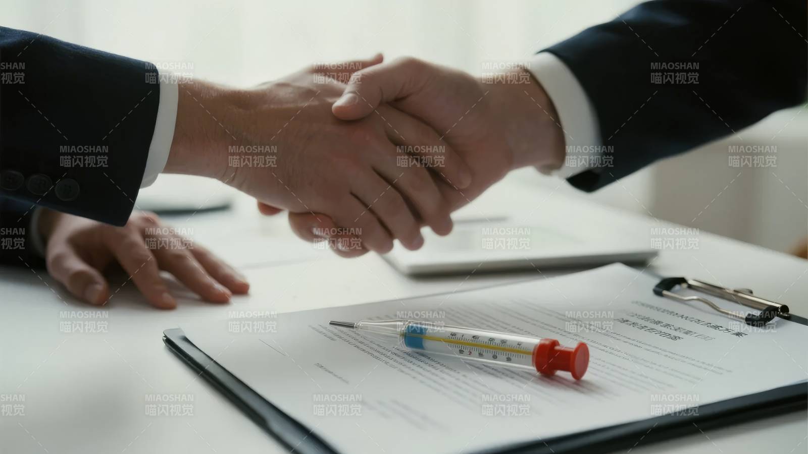 商务人士握手，文件桌上签署协议图片