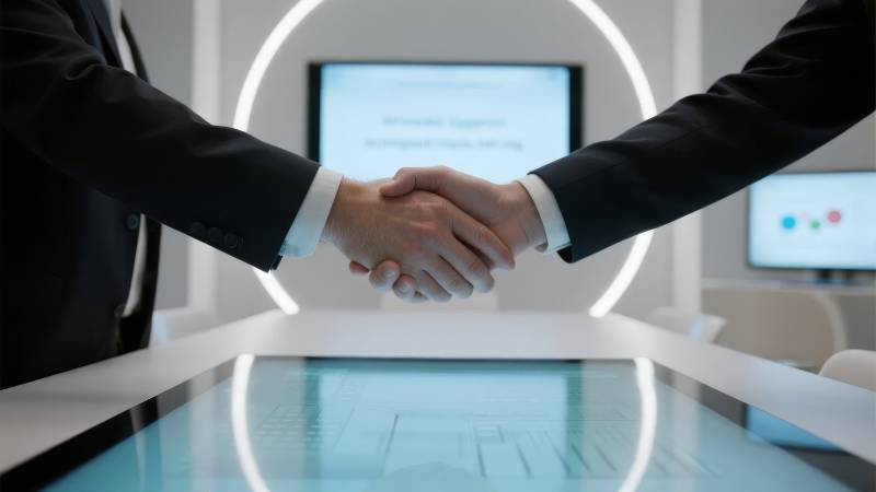 商务人士握手，背景为科技界面图片