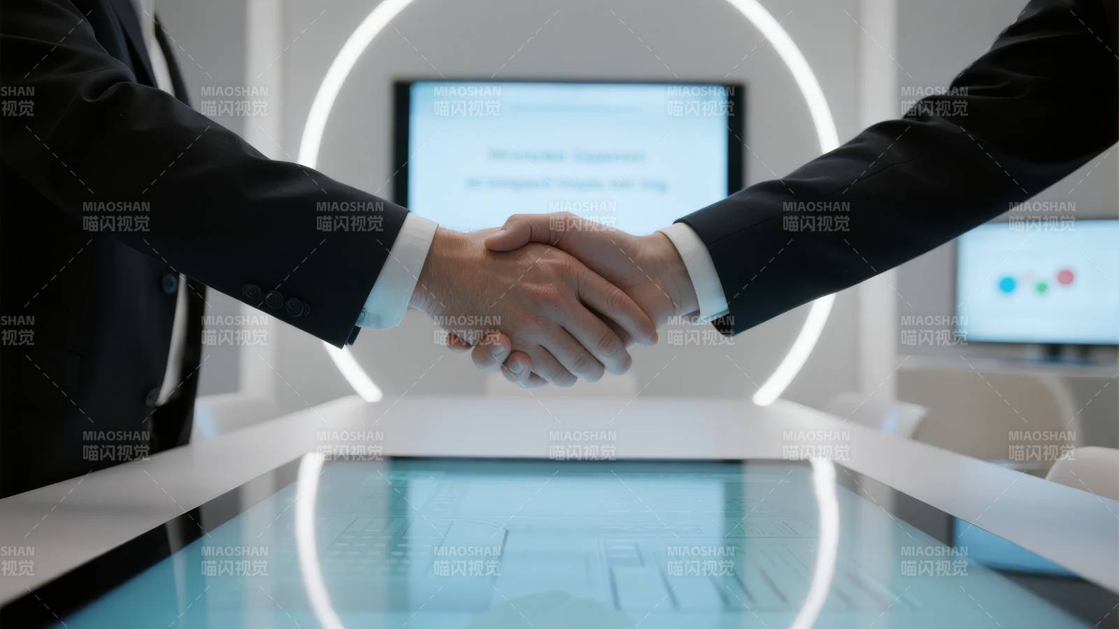 商务人士握手，背景为科技界面图片