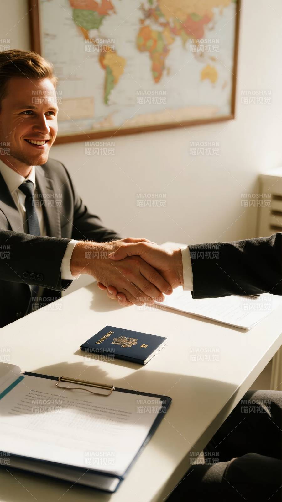 商务人士握手，桌上放置护照与文件图片