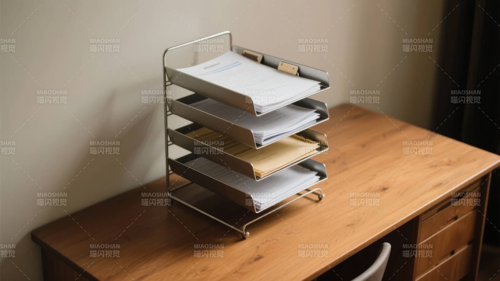 木质书桌上放置的多层文件架图片