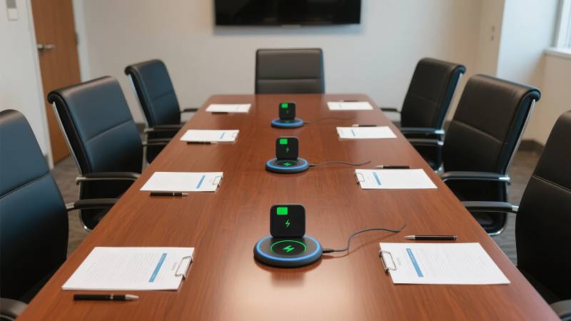 会议室内的无线充电设备与文件图片