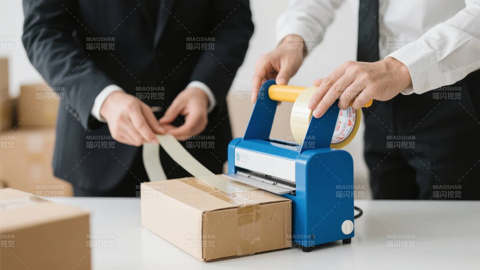 两人协作使用封箱机打包纸箱图片