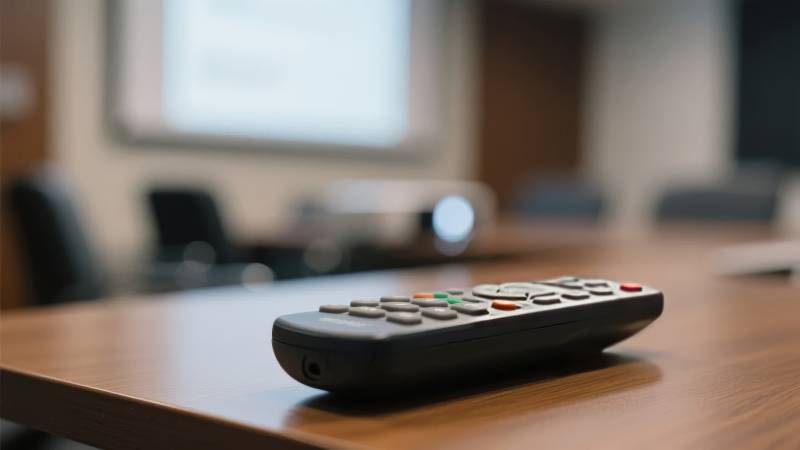 遥控器置于木质桌面，背景模糊的会议室图片