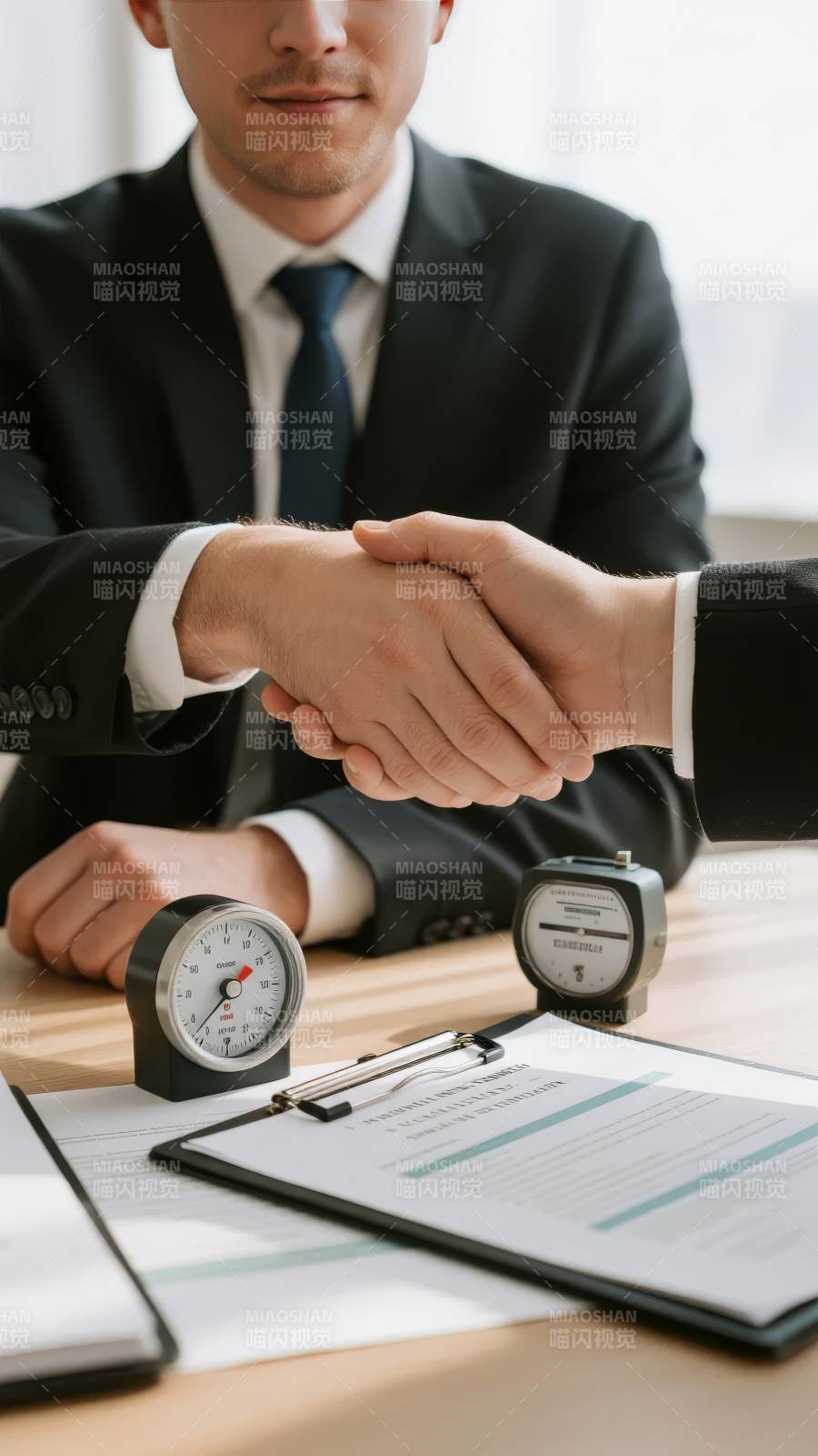 商务人士握手，桌上文件与仪表图片