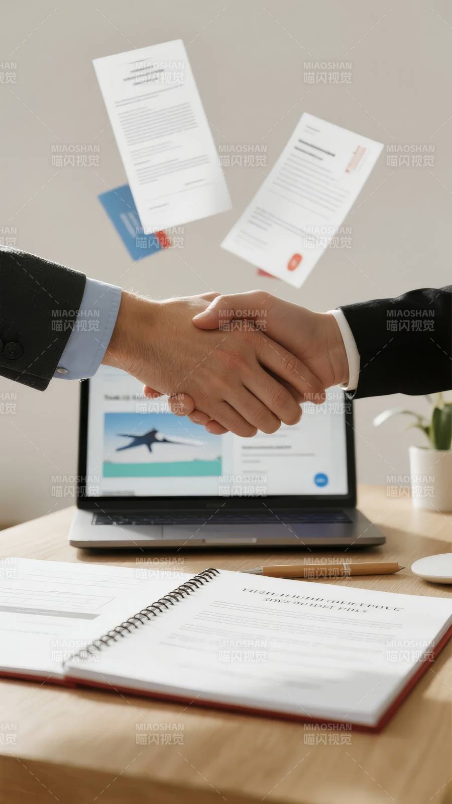 商务握手，文件飞舞，办公桌前图片