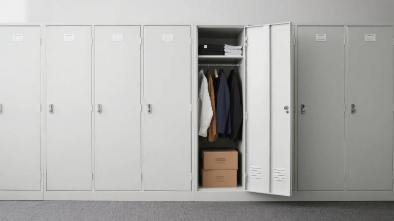 白色储物柜，一扇门打开展示衣物图片