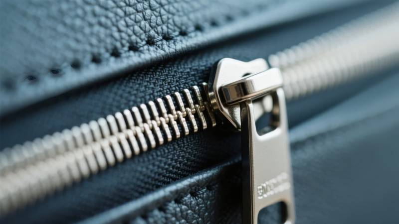 黑色皮革上的金属拉链特写图片