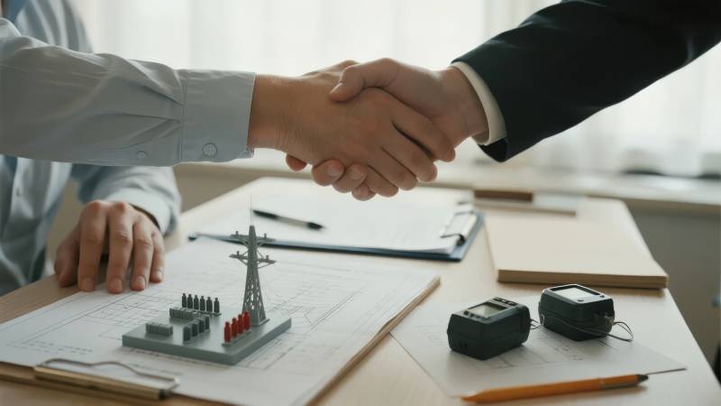 商务合作握手，桌上模型与工具图片