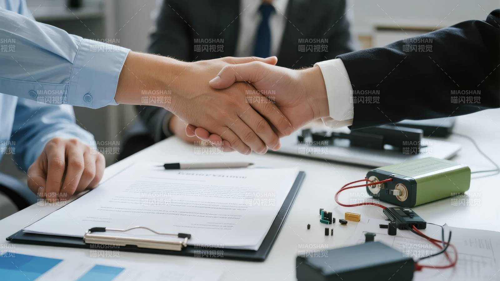 商务合作握手，桌上文件与电子元件图片