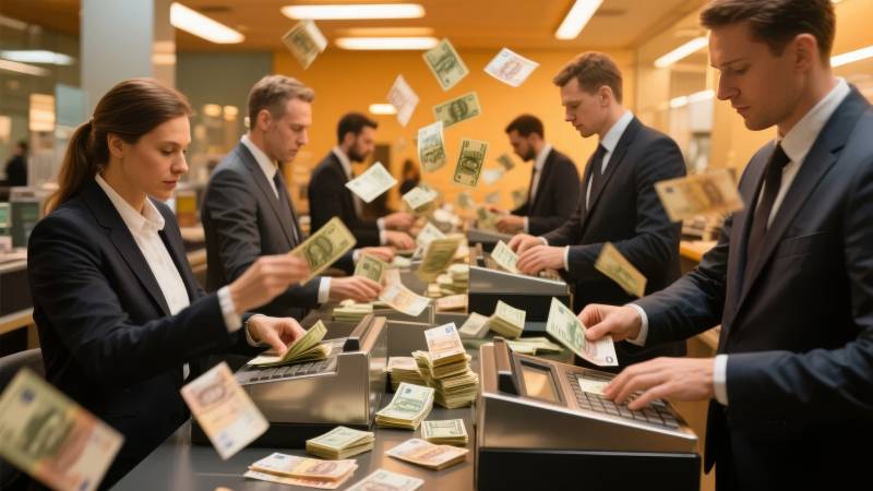 钞票纷飞的银行柜台图片