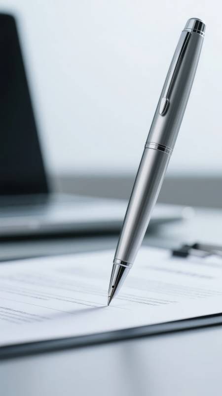 银色钢笔静置文件图片