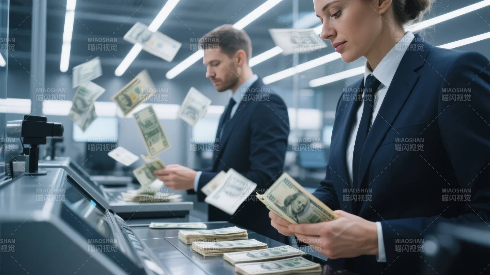 银行职员清点钞票图片