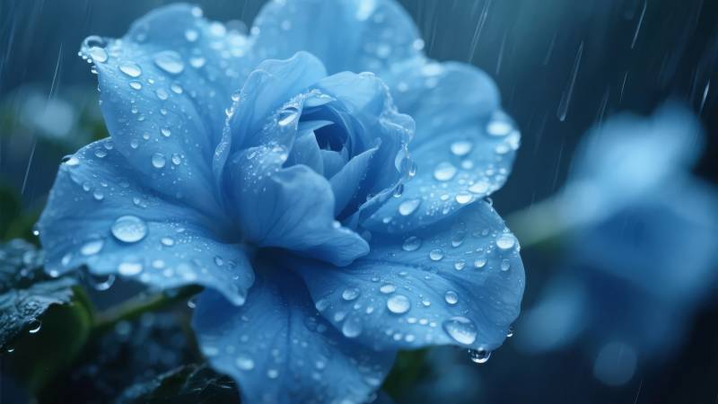 蓝玫瑰雨中绽放图片