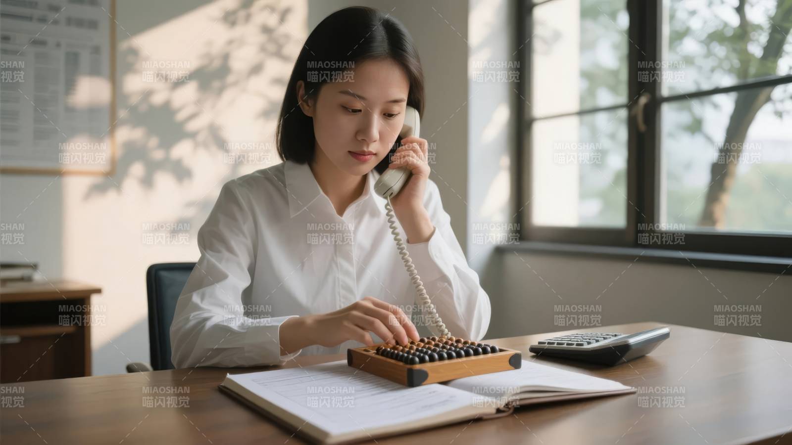 女子办公打电话图片