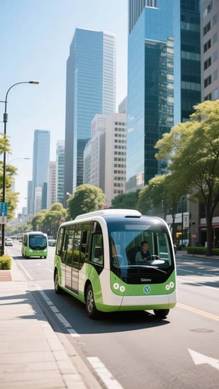 绿色公交穿行都市图片