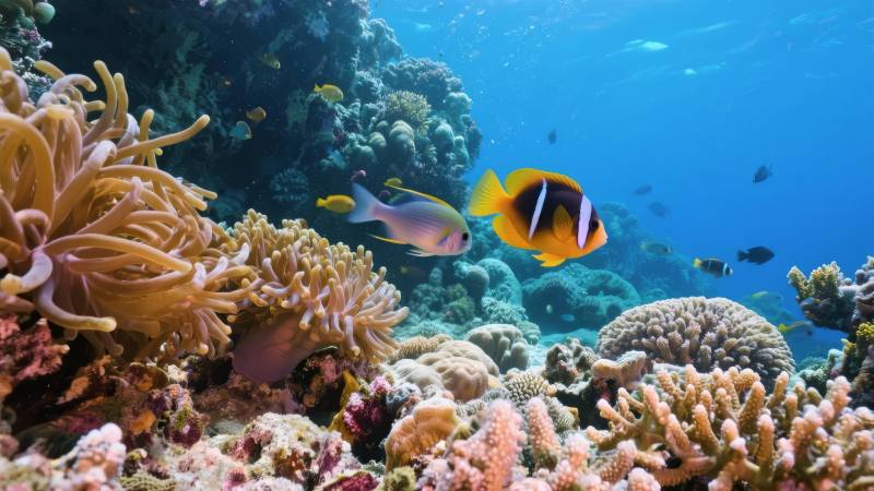 珊瑚礁鱼群游弋图片