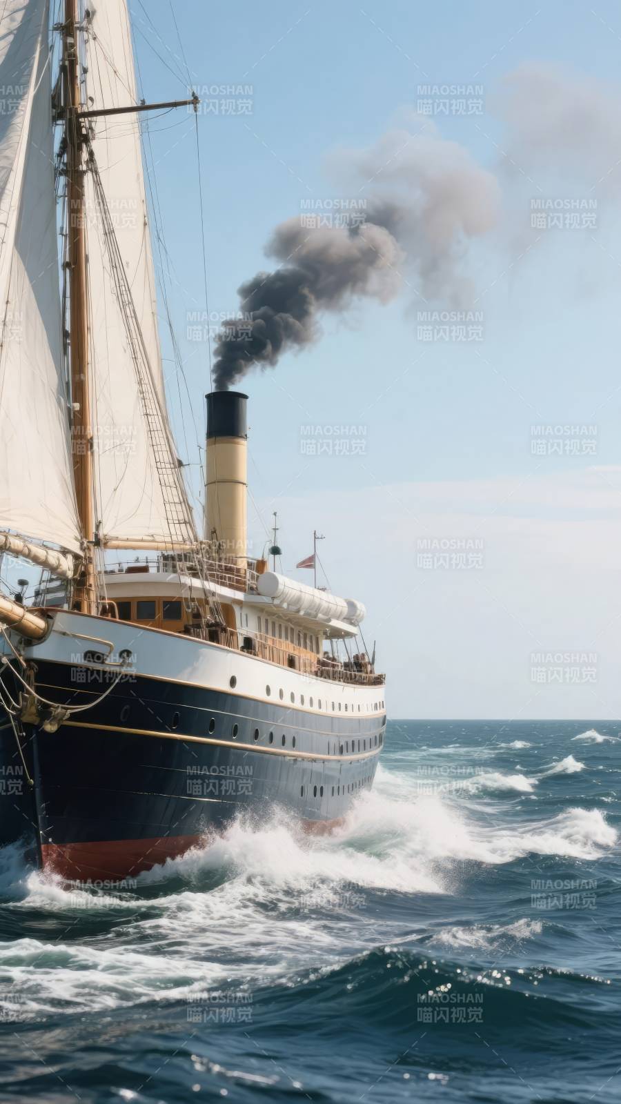蒸汽帆船破浪前行图片