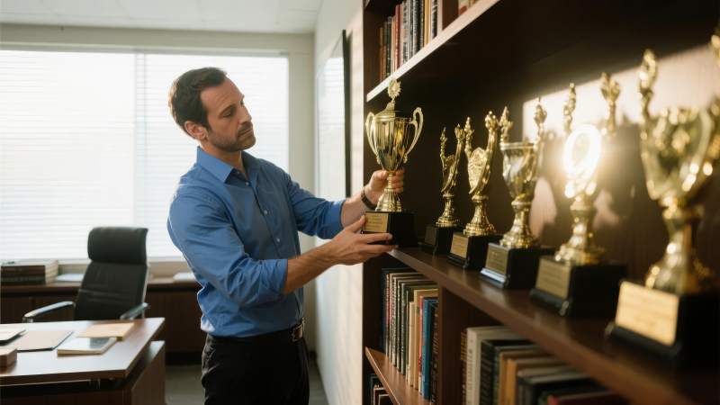男子整理奖杯图片