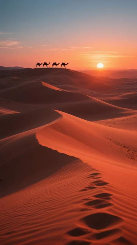 沙漠驼影日落图片