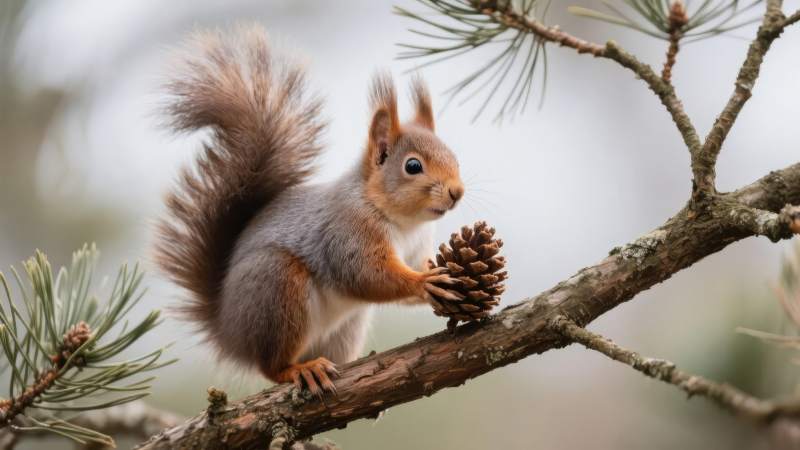 松鼠啃松果图片