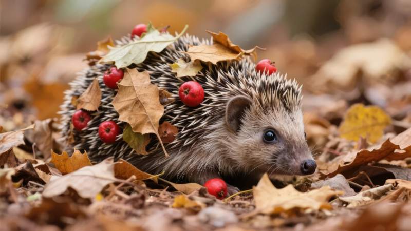 秋叶中的刺猬图片