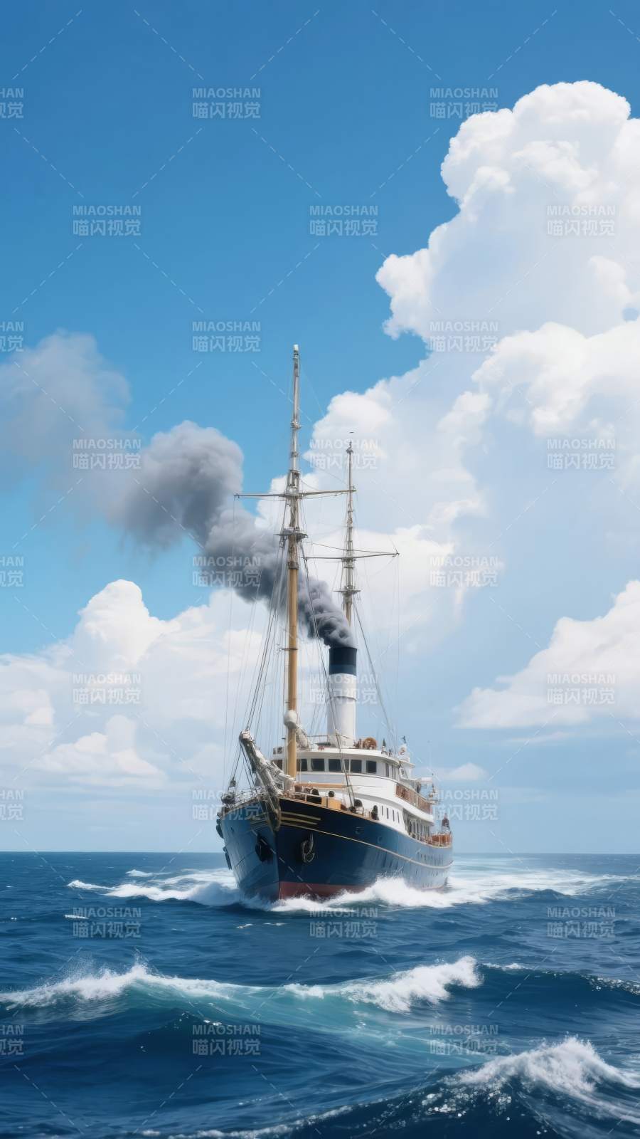 蒸汽船破浪前行图片
