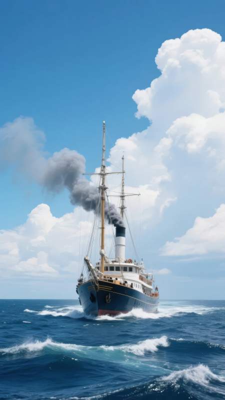 蒸汽船破浪前行图片