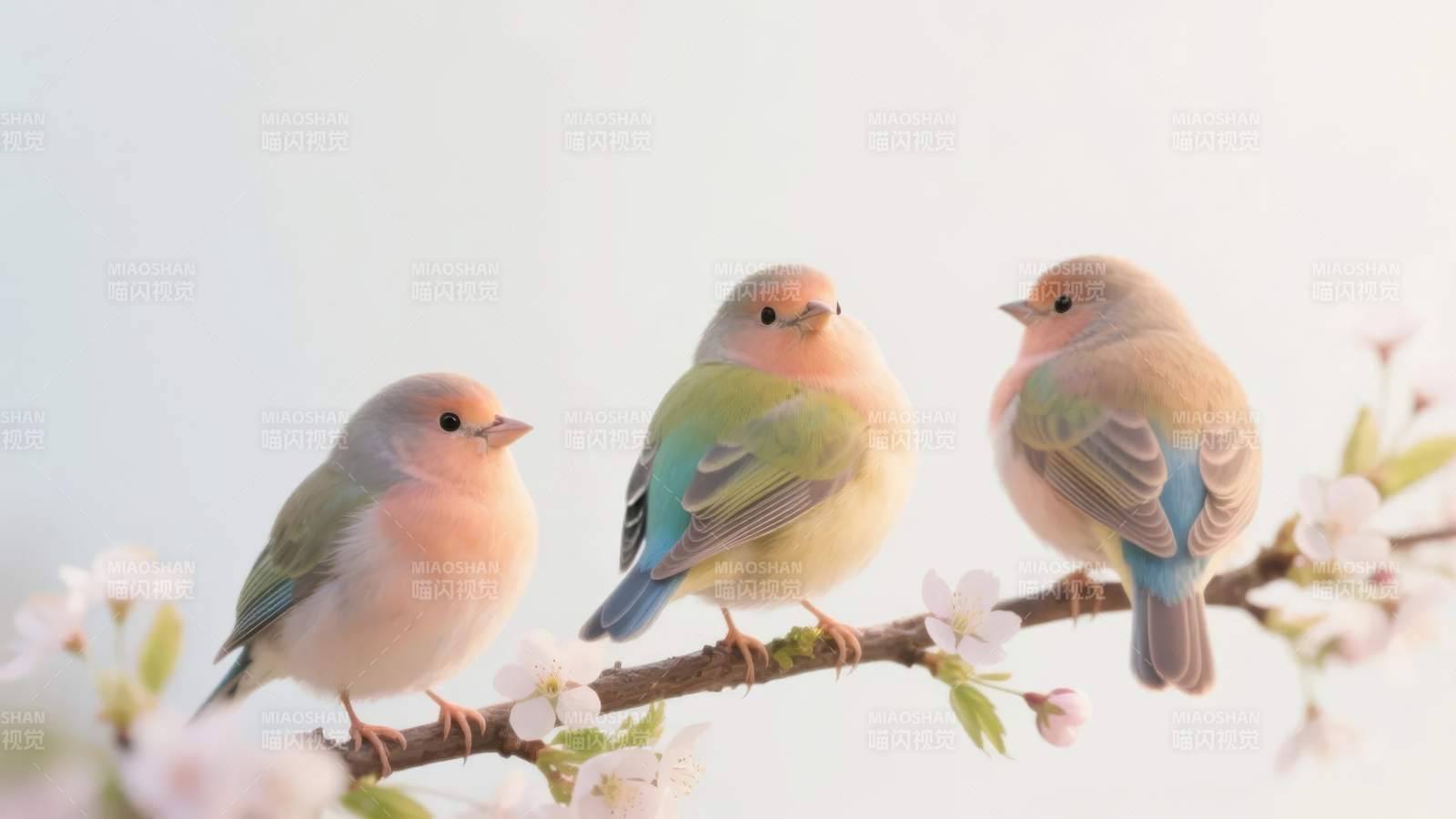 三鸟栖枝赏花图片