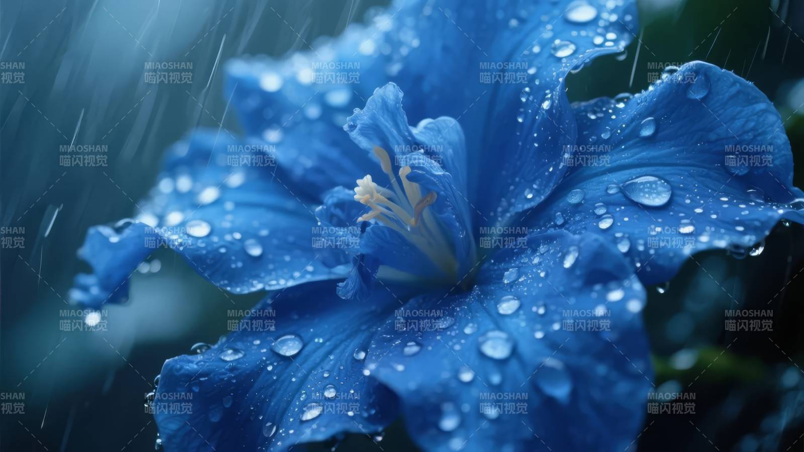 雨中蓝花绽放图片