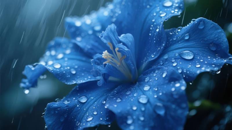 雨中蓝花绽放图片