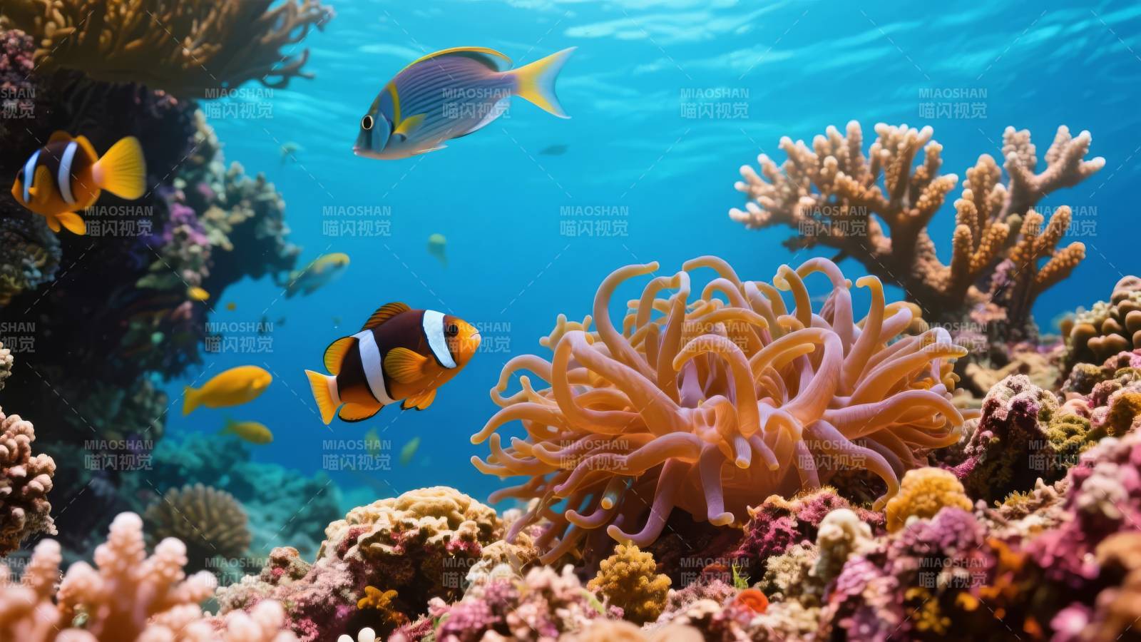 珊瑚礁鱼群游弋图片