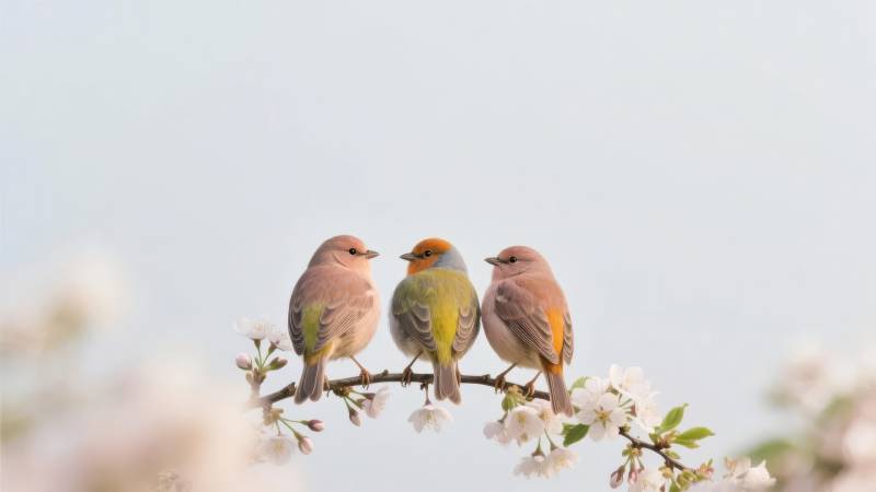 三鸟栖枝赏春花图片