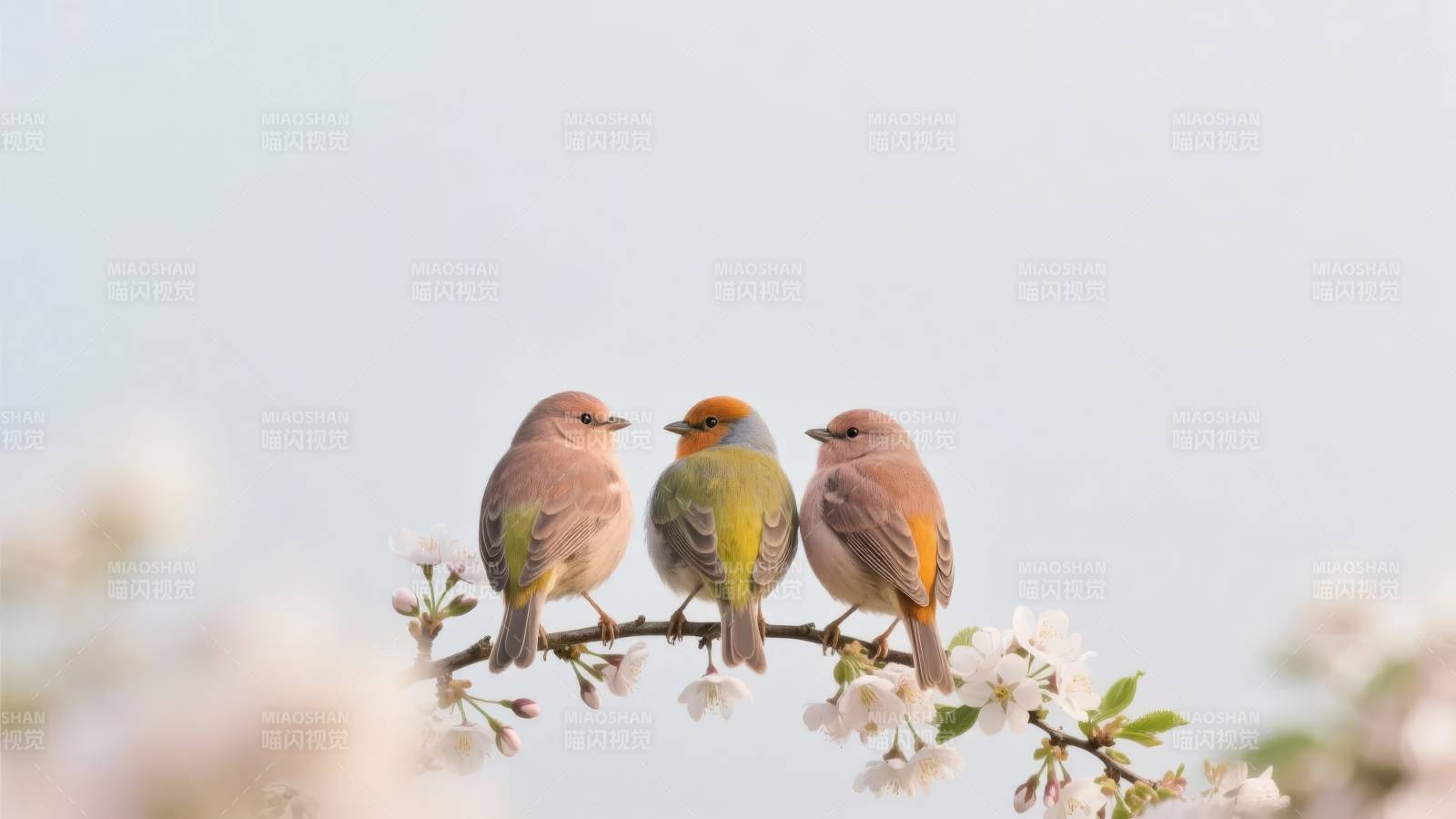 三鸟栖枝赏春花图片