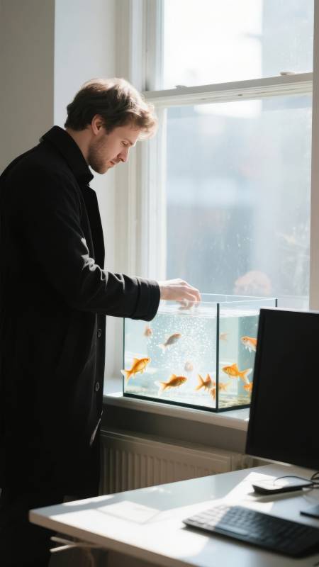 窗边喂鱼的男子图片