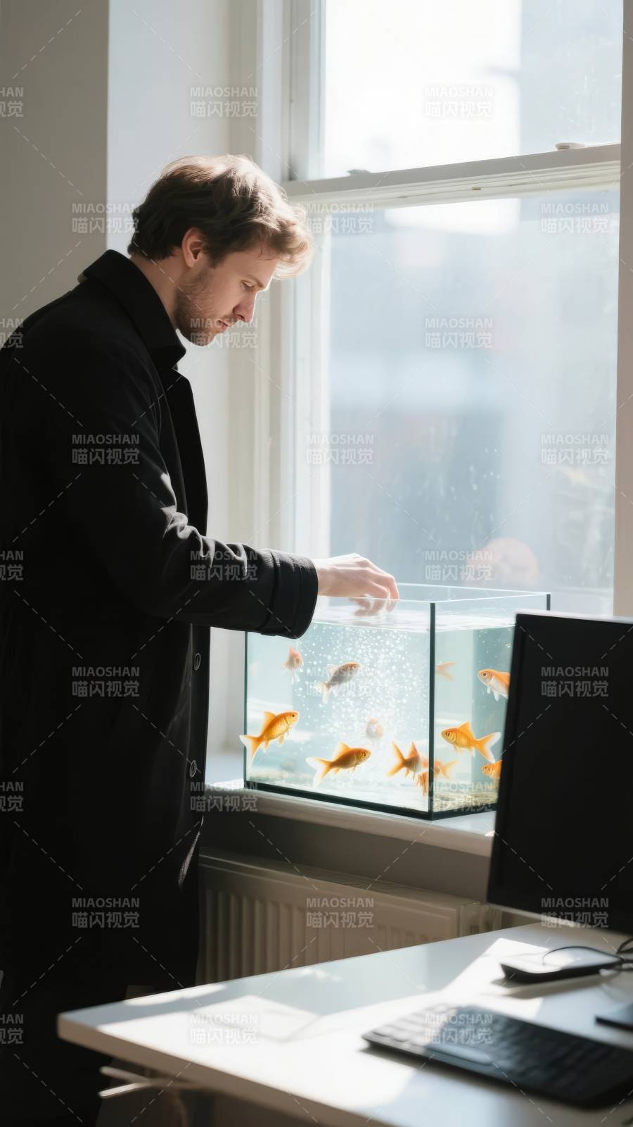 窗边喂鱼的男子图片