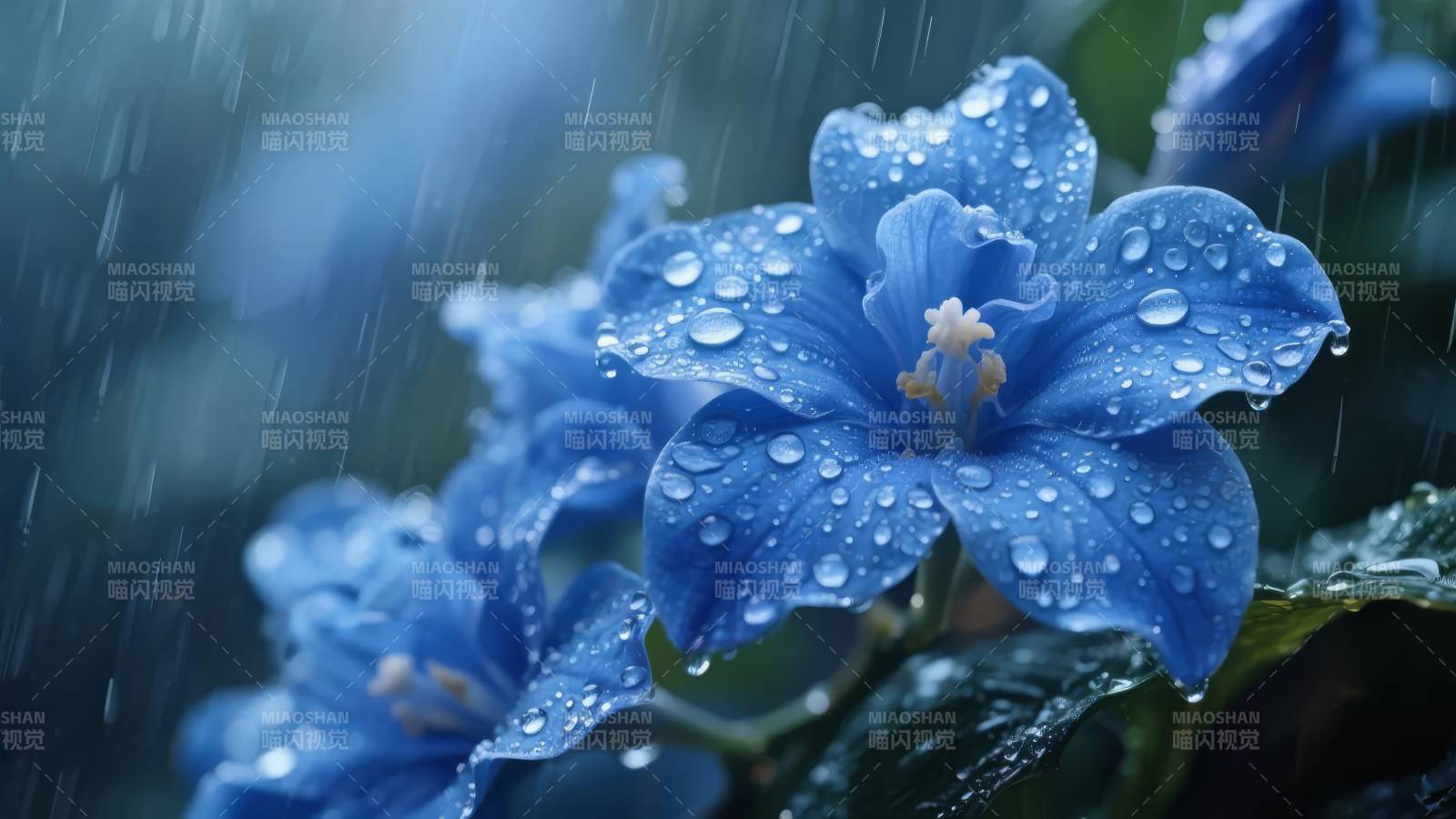 雨中蓝花绽放图片