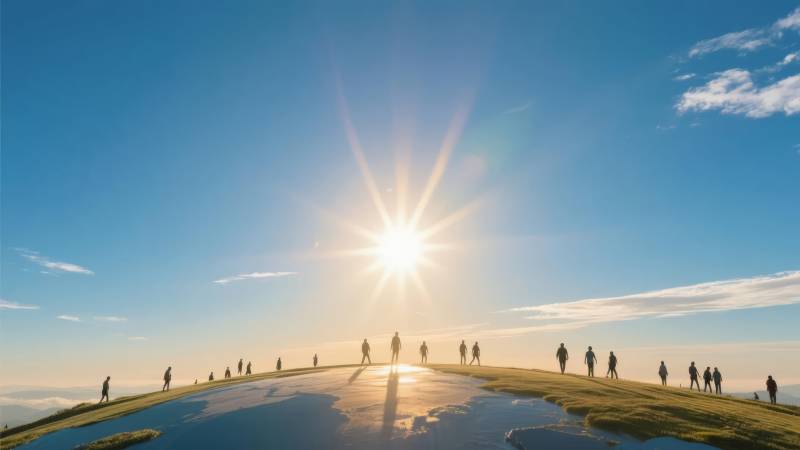 阳光下的湖畔行者图片