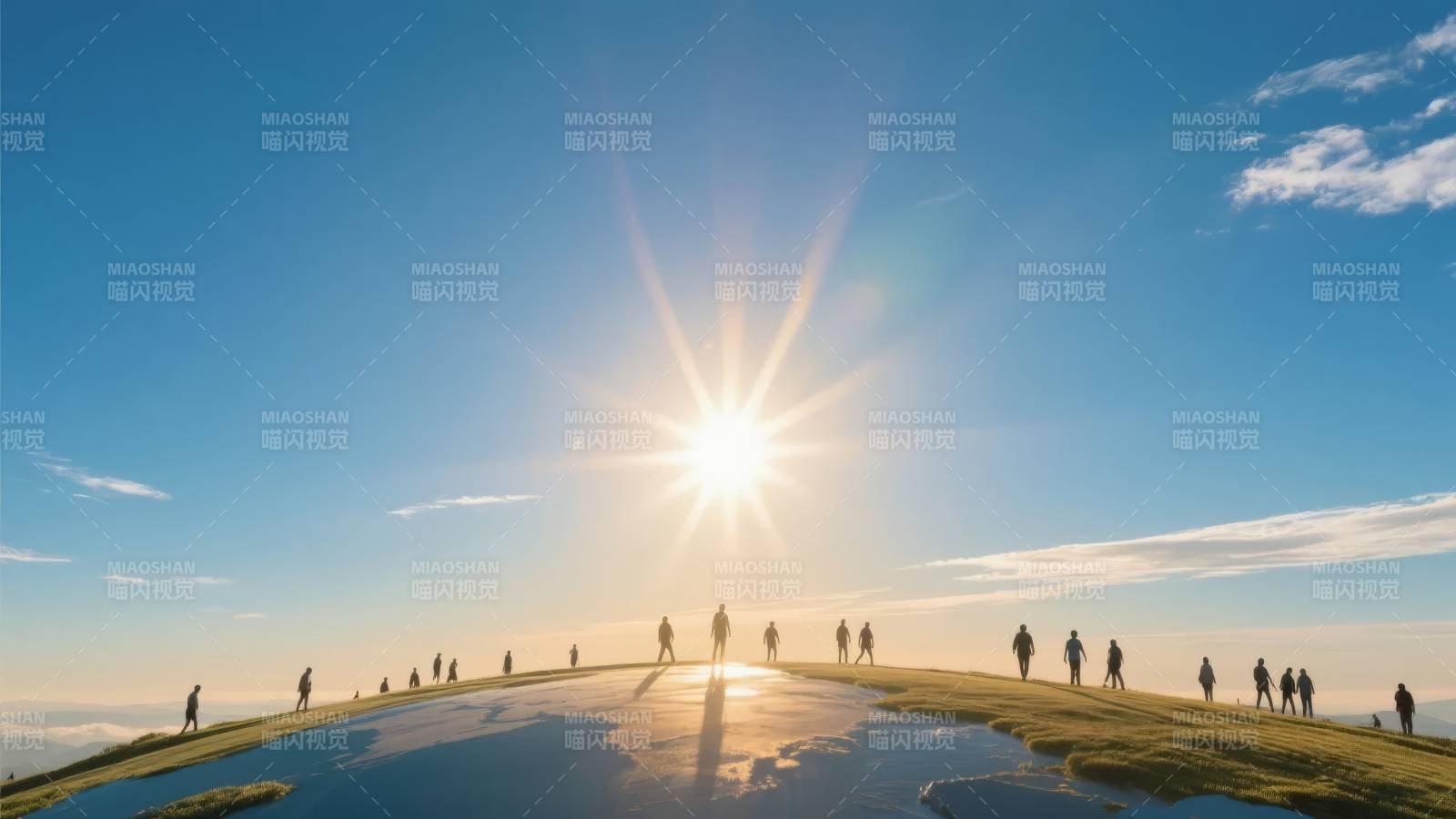 阳光下的湖畔行者图片