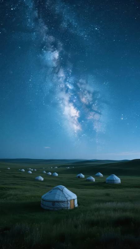 星河下的蒙古包图片