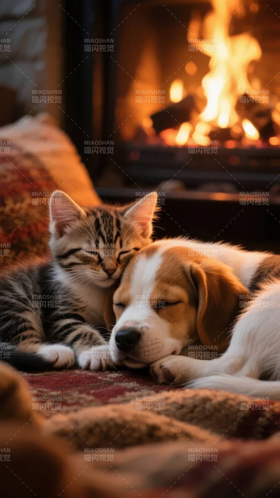 猫狗依偎火炉旁图片