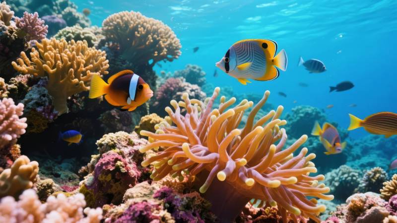 珊瑚礁鱼群游弋图片