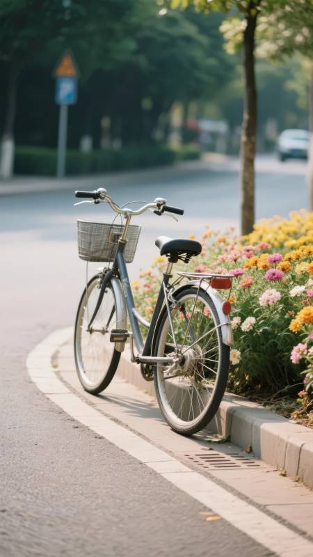 单车停花丛旁图片
