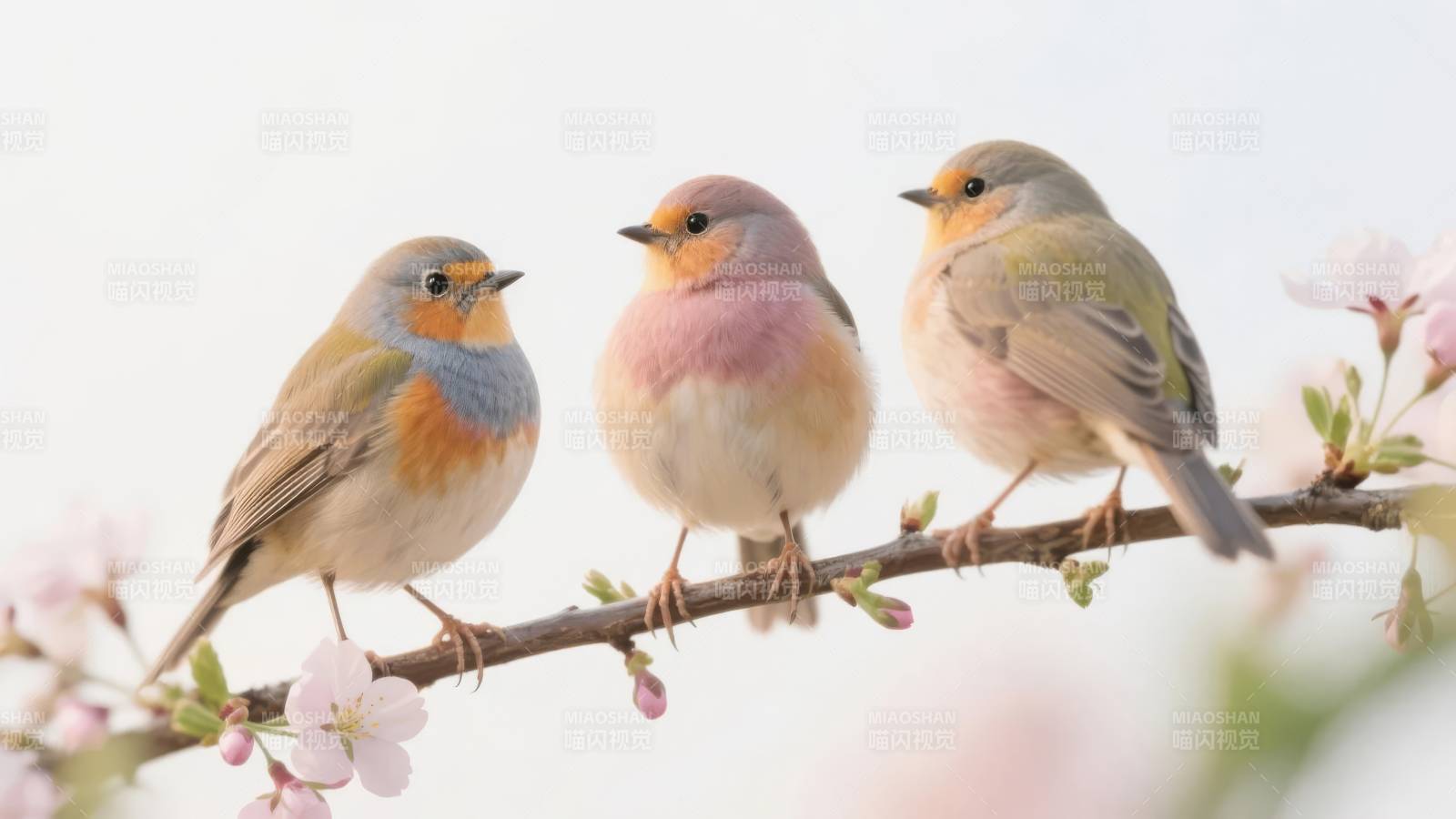 三鸟栖枝春意浓图片