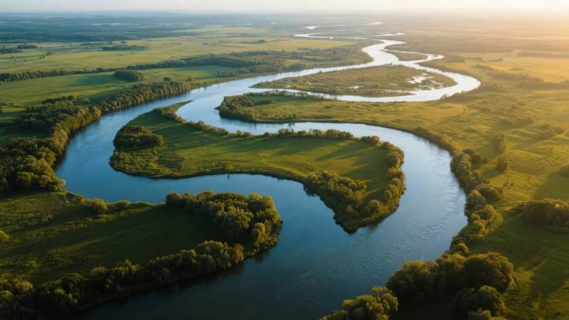 蜿蜒河流绿野间图片