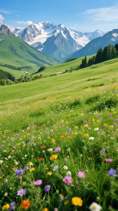 雪山花海春景图片
