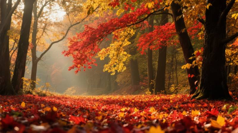 秋林落叶铺金红图片