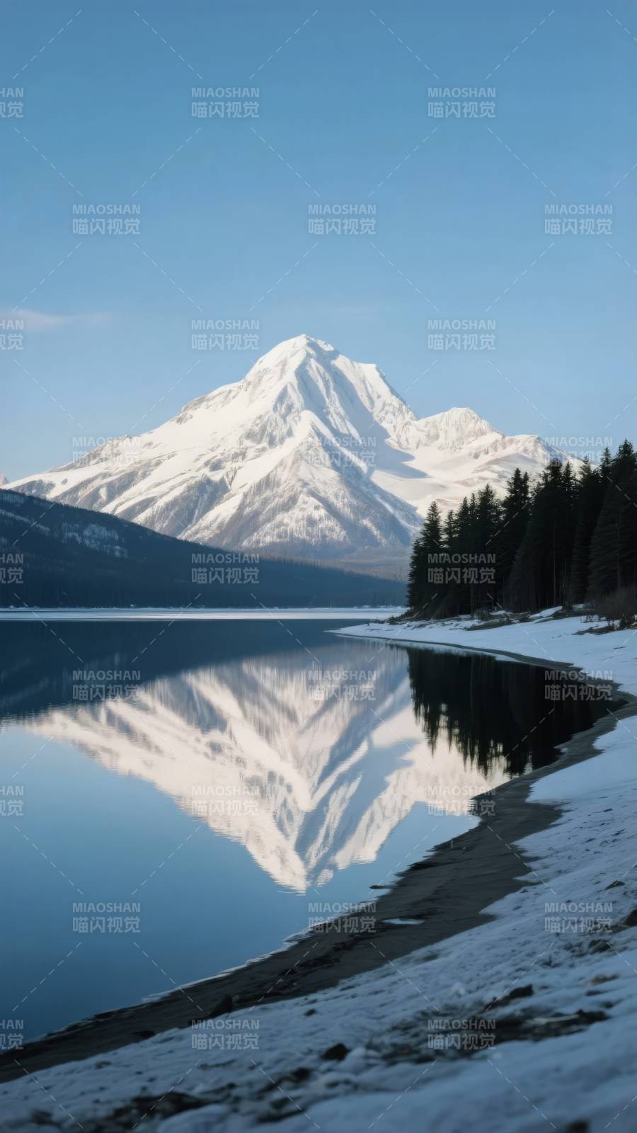 雪山倒影湖畔图片